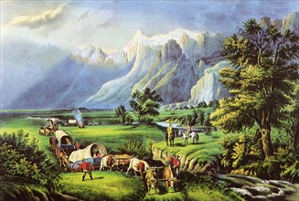Wagon Train in Valley.