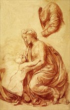 La Vierge assise, tournee vers la gauche prenant l'Enfant.