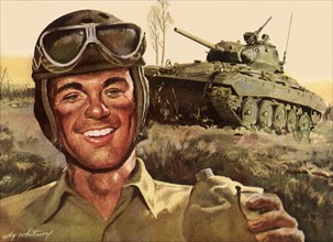 Smiling soldier holding canteen with tank behind him.
