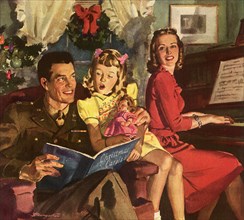 Soldier Dad in Chair as daughter &  mother sing carols.