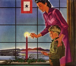 Mother with Boy Lighting Candle for War Effort.