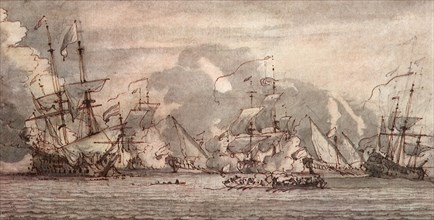 Naval Battle between Four Large Warships and Two Galleys.