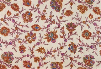 Paisley influenced floral pattern repeat on off white field.