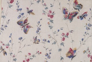 Butterfly and floral repeat pattern on white background.