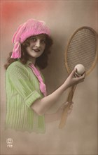 French Woman with Tennis Racquet and ball.