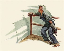 Woman Riveter leans exhausted against a support rail.