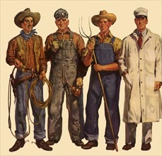 A Cowboy, Mechanic, Farmer and Milkman stand together.