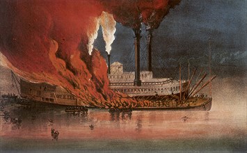 Burning of the Palace Steamer 'Robert E. Lee'.