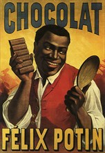 Chocolate poster with man holding chocolate bar.