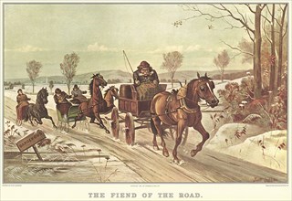 Man in Horse Cart Blocking the Road for Horse-Drawn Sleighs.
