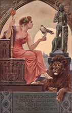 Ancient Greek Man with Scepter on throne with Lion.