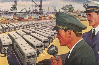 Naval Captain broadcasts to Fleet of Busses and Drivers.