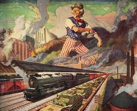 Uncle Sam standing over Railroad, Tanks, and Factories.