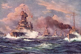 Fleet of American Battleships at Sea.