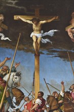 Crucifixion by Lorenzo Lotto. Church of Santa Maria In Telusiano. Monte San Giusto. Marche. Italy