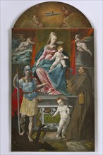 Altarpiece Madonna with Child and Saints by Simone De Magistris. Town Hall. Lapedona. Marche. Italy