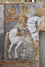 Lecce, township of Casalabate (Italy, Puglia, province of Lecce) abbey of Santa Maria di Cerrate, the church, San Martino, Madonna with Child and San Giuseppe, fresco (XIII-XIV century)