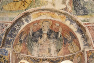 Otranto (Italy, Puglia, Lecce province) church of San Pietro, building of the IX-X century. Apse, Madonna with Child and angels, fresco, 14th century