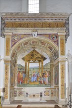 Trevi (Italy, Umbria, province of Perugia), Sanctuary of the Madonna delle Lacrime, Chapel of the Nativity. Perugino, Adoration of the Magi, Saints Peter and Paul, Annunciation, 15th-16th century, fre...