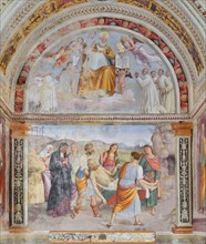 Trevi (Italy, Umbria, province of Perugia), Sanctuary of the Madonna delle Lacrime, Chapel of San Francesco. Giovanni di Pietro, known as Lo Spagna, Transport of Christ, in the lunette Sant'Ubaldo, 15...
