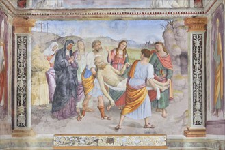 Trevi (Italy, Umbria, province of Perugia), Sanctuary of the Madonna delle Lacrime, Chapel of San Francesco. Giovanni di Pietro, known as Lo Spagna, Carriage of Christ, 15th-16th century, fresco