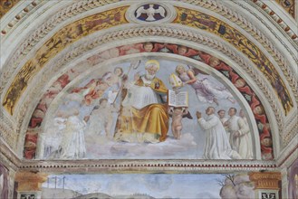 Trevi (Italy, Umbria, province of Perugia), Sanctuary of the Madonna delle Lacrime, Chapel of San Francesco. Giovanni di Pietro, known as Lo Spagna, in the lunette Sant'Ubaldo, 15th-16th century, fres...