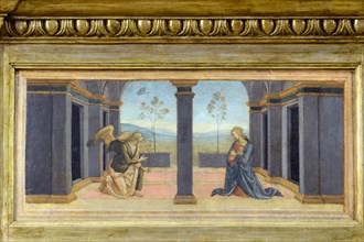 Corciano (Italy, Umbria, province of Perugia), Church of Santa Maria Assunta. Perugino, Assumption of the Virgin, painting on wood. Predella, Annunciation