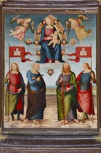 Città della Pieve (Italy, Umbria, province of Perugia), Cathedral of Saints Gervasio and Protasio. Perugino, Madonna and Child with Saints Gervasio, Pietro, Paolo and Protasio, painting on wood
