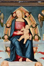 Città della Pieve (Italy, Umbria, province of Perugia), Cathedral of Saints Gervasio and Protasio. Perugino, Madonna and Child with Saints Gervasio, Pietro, Paolo and Protasio, painted on wood. Detail