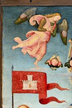 Città della Pieve (Italy, Umbria, province of Perugia), Cathedral of Saints Gervasio and Protasio. Perugino, Madonna and Child with Saints Gervasio, Pietro, Paolo and Protasio, painted on wood. Detail
