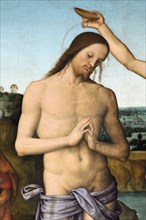Città della Pieve (Italy, Umbria, province of Perugia), Cathedral of Saints Gervasio and Protasio. Perugino, Baptism of Christ, painted on wood. Detail