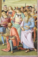 Città della Pieve (Italy, Umbria, province of Perugia), Oratory of Santa Maria dei Bianchi, Perugino, Adoration of the Magi, fresco dimensions 700x650 cm, dating 1504. Detail