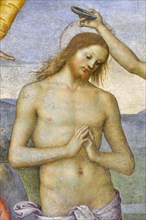 Foligno (Italy, Umbria, province of Perugia), Oratory of the Nunziatella. Perugino, Baptism and the Eternal Adored by two angels, fresco. Detail