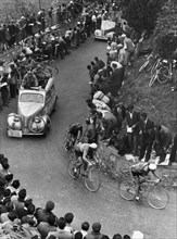 foule sportive lors d'une course cycliste, 1950