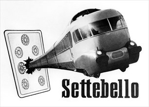 photomontage avec locomotive du train de settebello, 1960