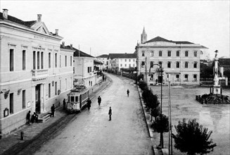 italie, veneto, abano terme, vue de via matteotti et piazza dei caduti, 1900 1910