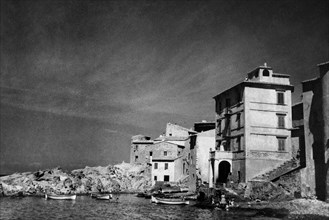 toscane, île d'elbe, marciana marina, vue du village de pêcheurs, 1951