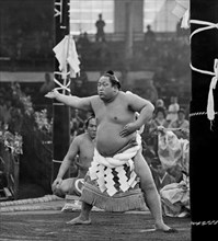 japon, une scène de lutteurs sumo, 1930 1940