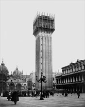 italie, veneto, venise, piazza san marco à venise, reconstruction du clocher, 1905 1910