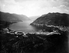 italie, lombardie, como, panorama avec vue sur le lac, 1920 1930