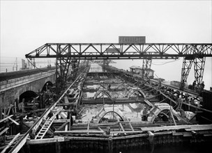 italie, venise, construction du nouveau pont, 1931