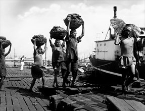 asia, india, calcutta, scaricatori di porto, 1964