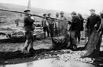 italia, toscana, orbetello, pescatori a lavoro, 1920 1930