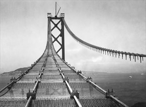 usa, californie, san francisco, travaux de construction sur le pont de la baie, 1935