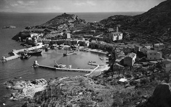 italia, toscana, isola del giglio, veduta del porto, 1956