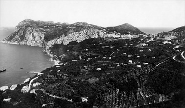 italie, campanie, île de capri, panorama de la route vers anacapri, 1900 1910