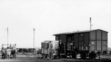 europe, italie, calabre, sibari, chargement de légumes dans des wagons de train, 1920 1930