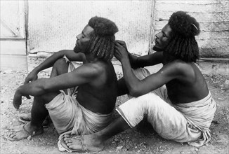 afrique, eritrea, deux jeunes hommes habab se peignant minutieusement les cheveux, 1910 1920
