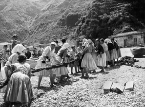 femmes sur la plage avec des filets de pêche, bagnara calabra, calabre, italie, 1966