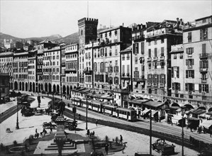 europe, italie, ligurie, genes, vue de la piazza caricamento, 1920